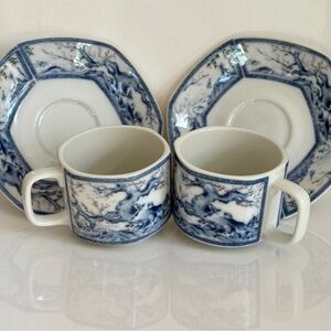 Blue White Hexagon Demitasse Tea Cups & Saucers Set of 2